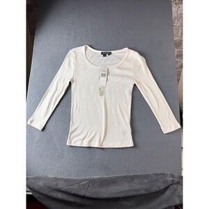 Lauren Ralph Lauren Shirt Womens Small Cream Ribbed Scoop Neck Cotton Top LS